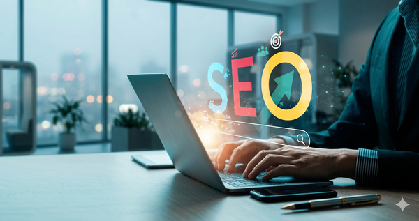 Professional typing on a laptop with a glowing, colorful "SEO" graphic and search bar rising from the keyboard in a modern office.