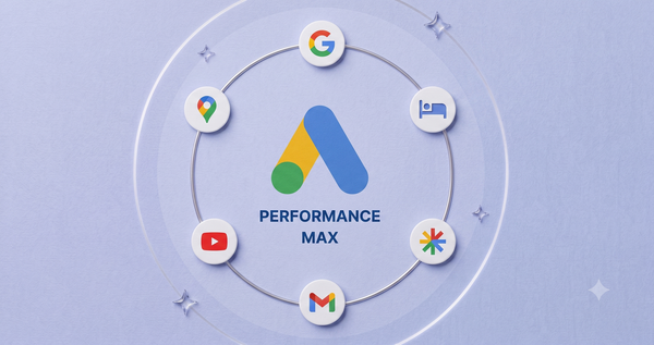 An infographic showcasing Google Performance Max, featuring its logo encircled by icons for Google Search, Maps, YouTube, Gmail, and Discover.