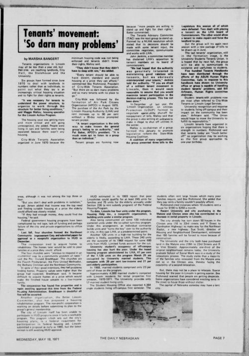 newspaper page from The Daily Nebraskan, May 19 1971, with an article headlined: Tenants' movement: 'So darn many problems'