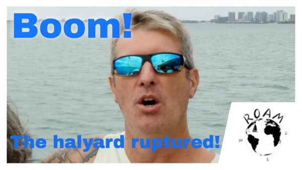 Catamaran sailing offshore under gennaker before halyard failure during first multi-day passage