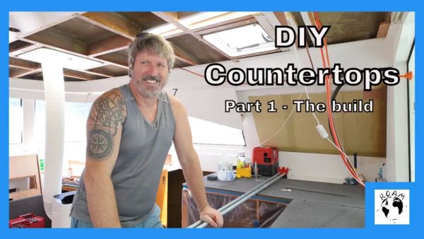 Building a lightweight galley countertop from Coosa board and fiberglass during a sailboat refit.