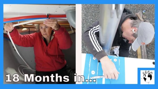 Multiple in-progress refit projects aboard a cruising catamaran during a long winter waiting on parts and weather.