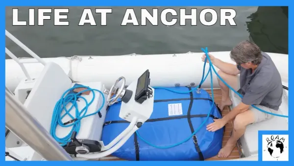 Portable water bladder in dinghy used to refill catamaran freshwater tanks in Annapolis anchorage.