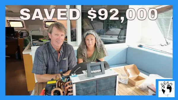 Imported marine equipment including batteries, lighting, and rigging hardware for sailing catamaran refit.