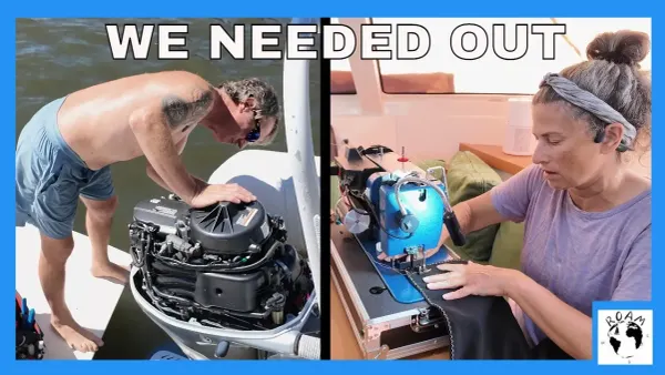 Shawn digging into outboard maintenance while Geri sews a canvas project.