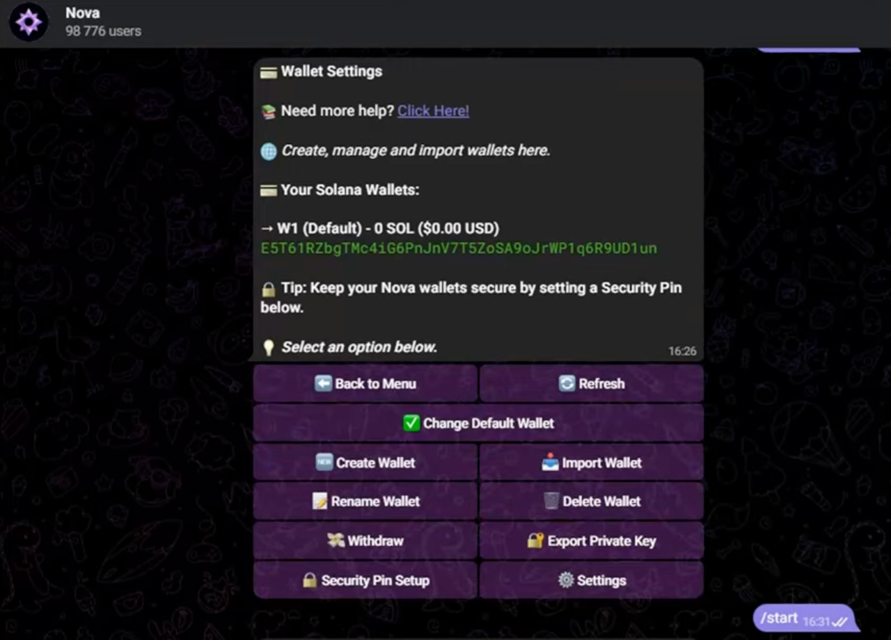 Nova Click screenshot of telegram bot