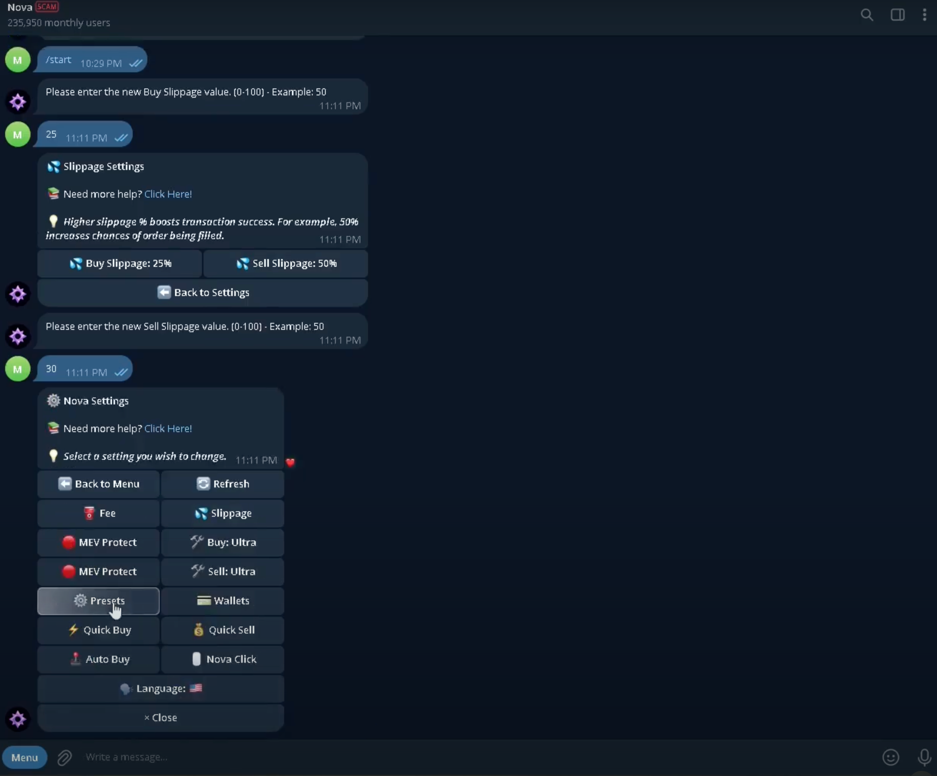 screenshot of novaclick trading bot