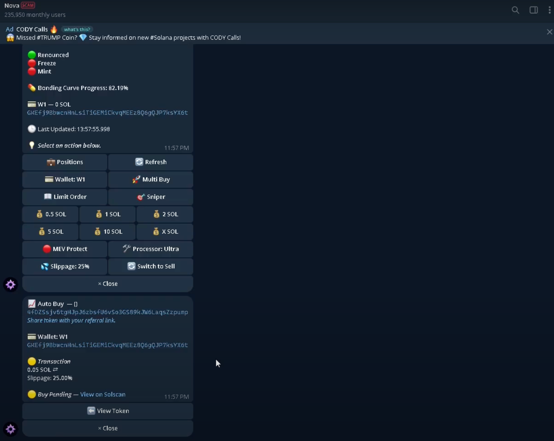 Novaclick trading bot working on telegram