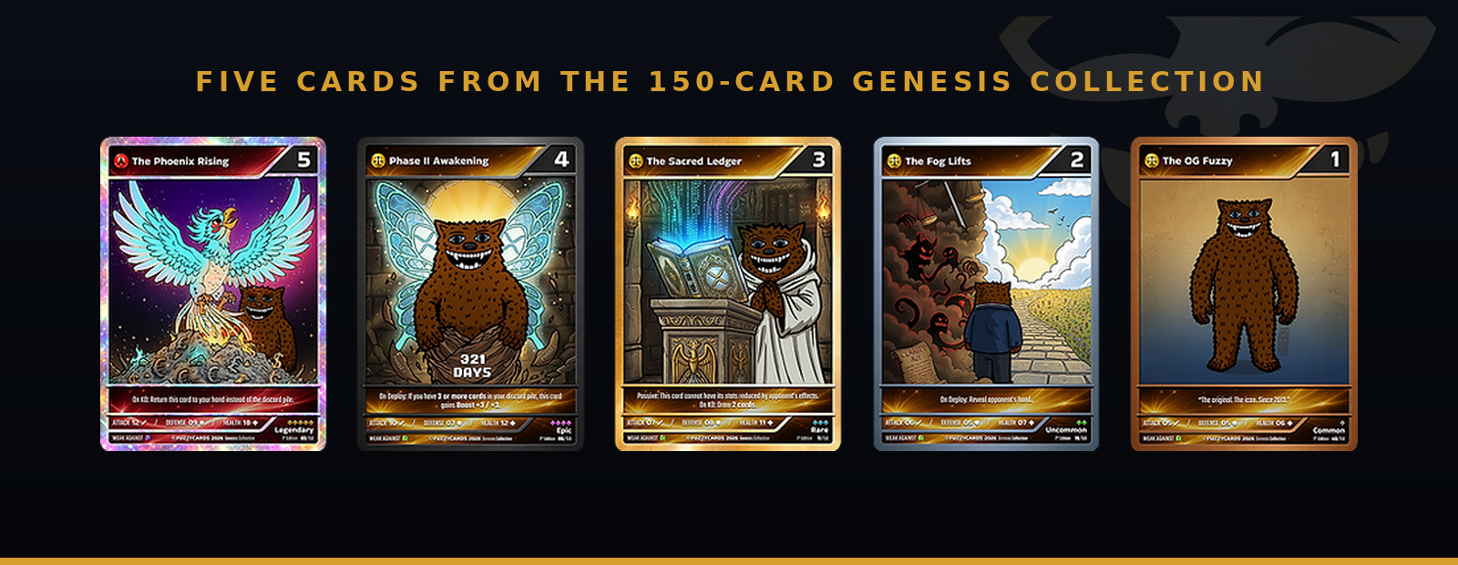 Five cards from the Fuzzycards Genesis Collection