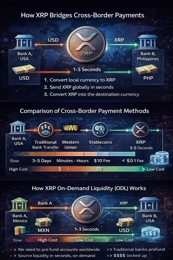 Infographic comparing XRP settlement speed and cost against traditional cross-border payment rails