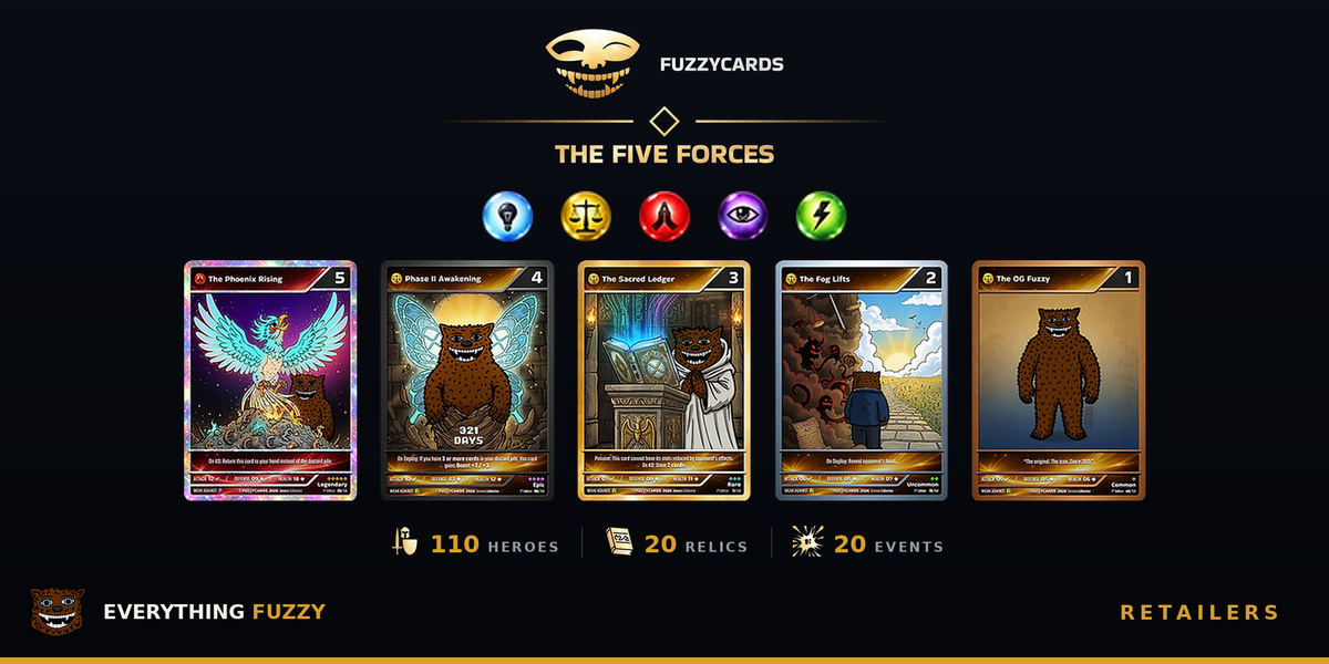 Fuzzycards retailer header showing the five Forces and Genesis Collection card samples