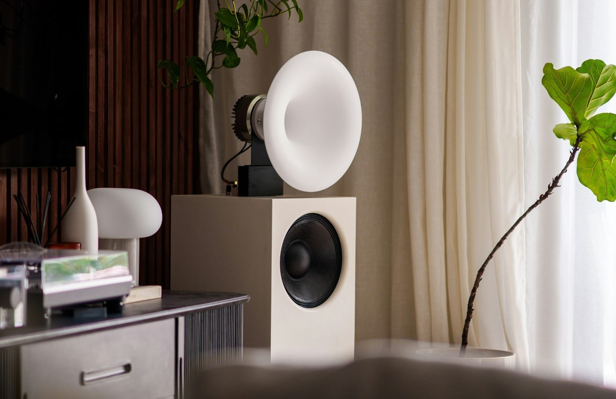 Stylish stereo speaker setup in a modern living room.