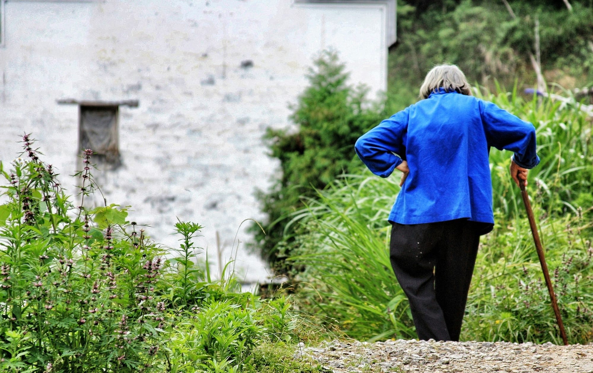 woman walking while holding walking cane
