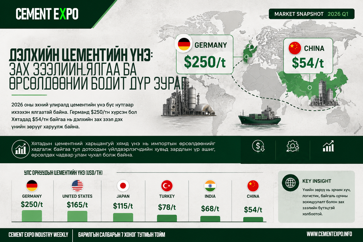 🌍 Дэлхийн цементийн үнэ: Бүс нутгийн ялгаа өрсөлдөөний шинэ дүр төрхийг тодорхойлж байна