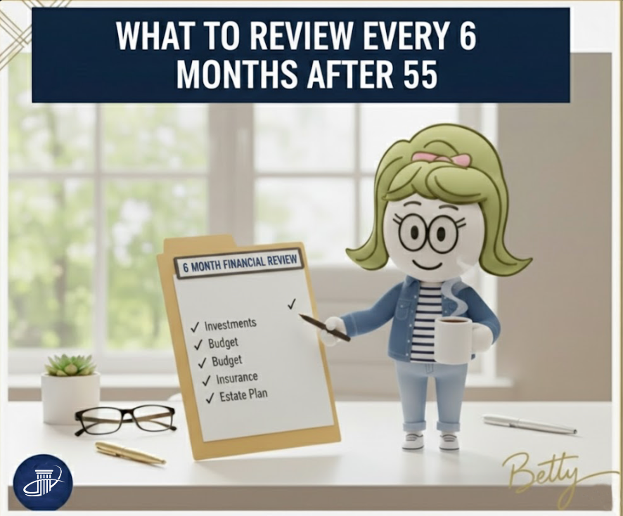 Pinterest pin: Six-month financial review checklist for retirees covering income, spending, and beneficiaries