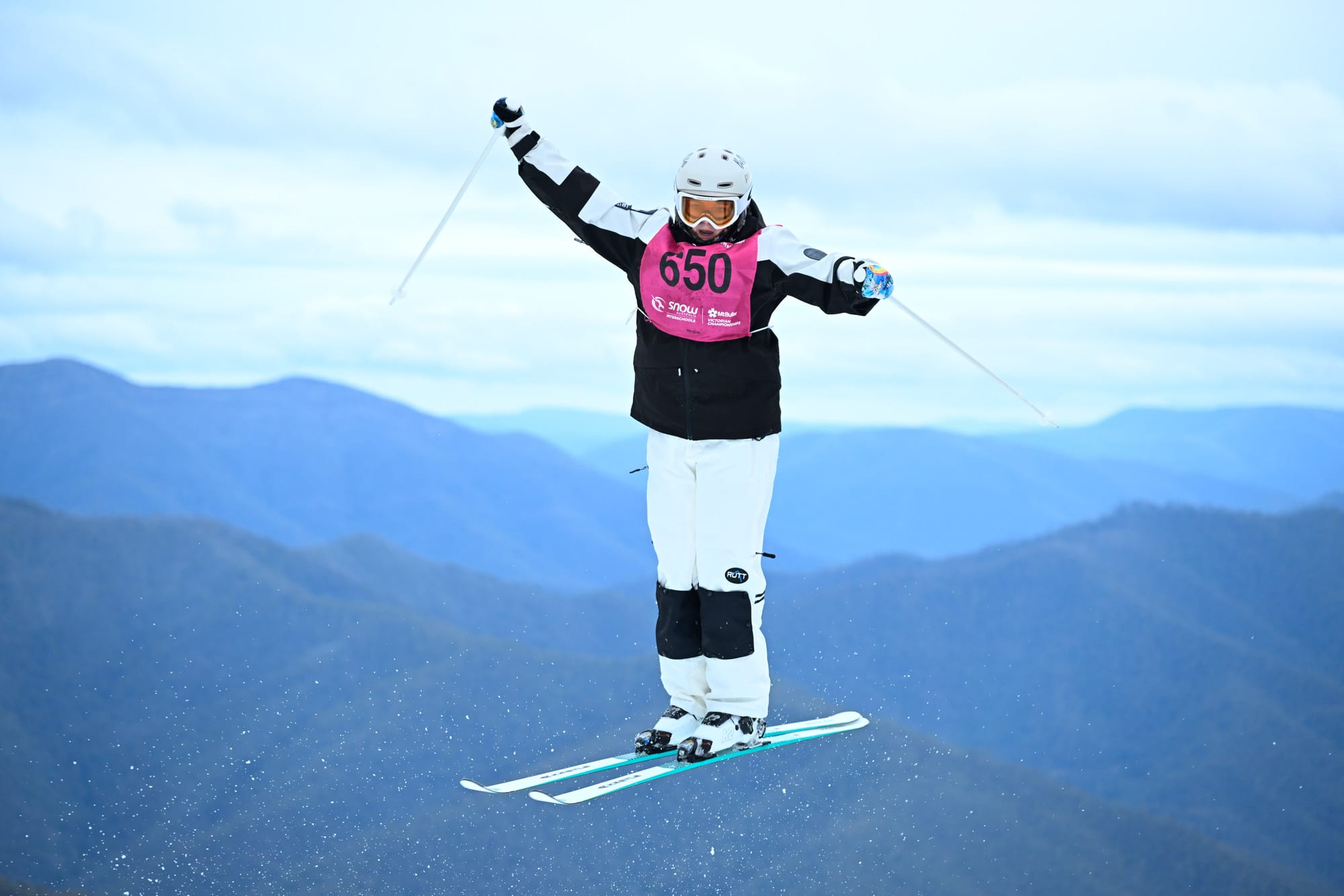 SKY HIGH: Georgia Bolton reaching high in Div 1 Girls moguls.