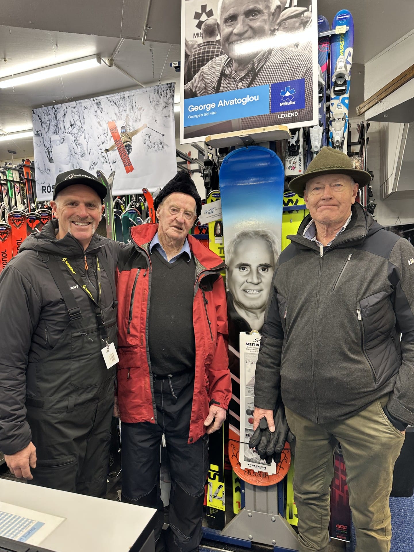 STILL CONNECTIONS: Rob Aivatoglou with Paul Delves, John Delves  (son) and a ski with the image of long-time friend of Paul - George Aivatoglou.