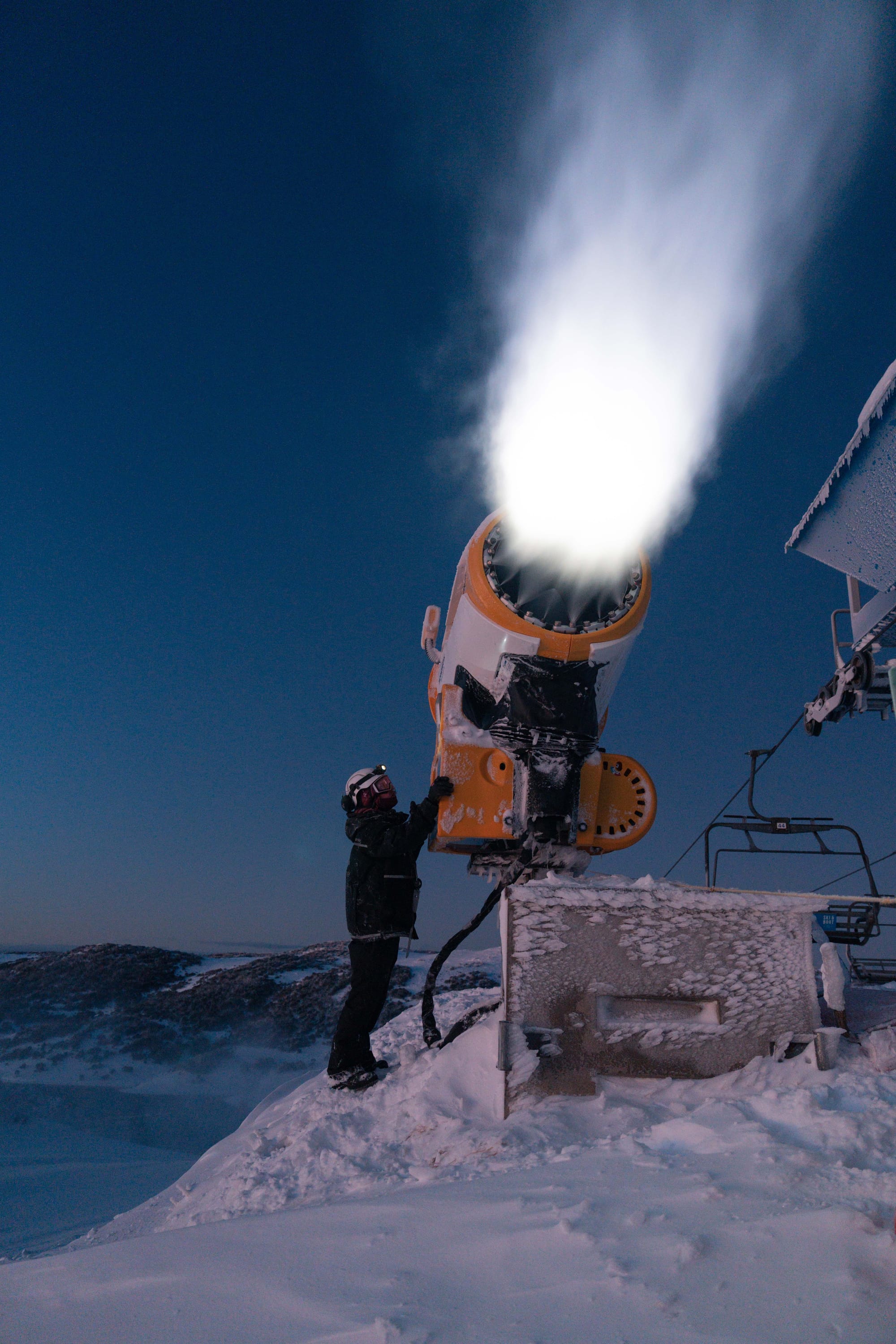 GUNS BLAZING: While the mountain sleeps, snowmakers are working hard. PHOTO: Falls Creek ski Lifts 