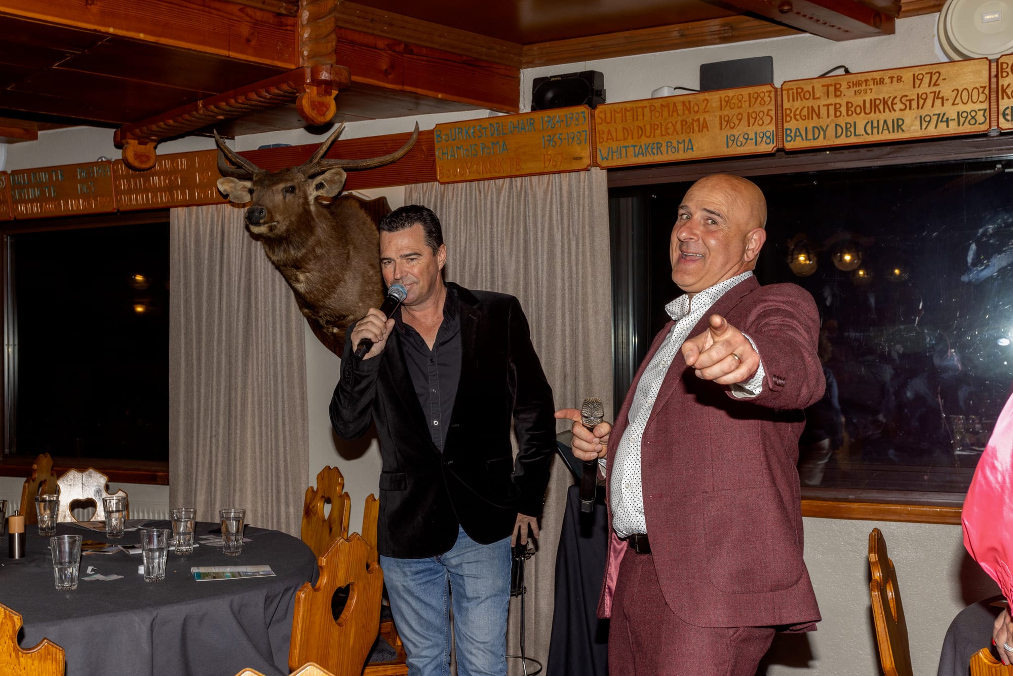 PARTY: Auctioneer David Spiers (left)  and performer Paris Zachariou were in fine form. PHOTO: Supplied