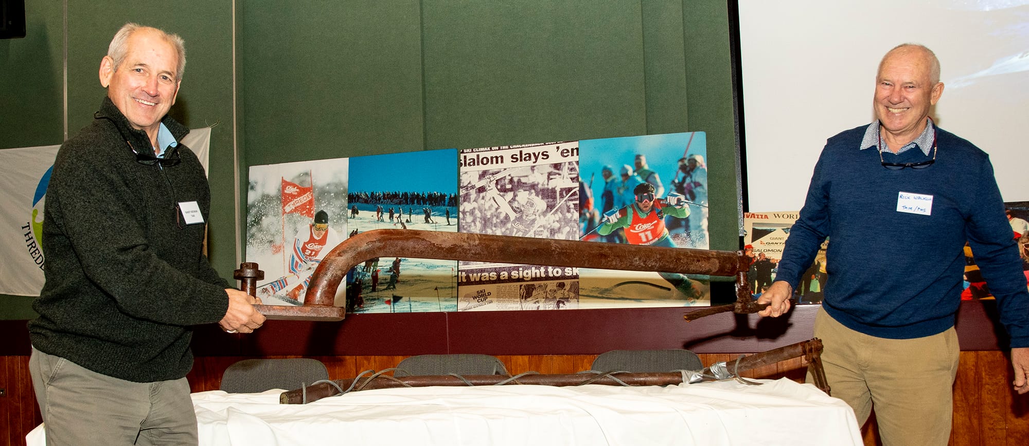 Randy Wieman with Rick Walkom and a piece of an old Charlotte Pass lift.