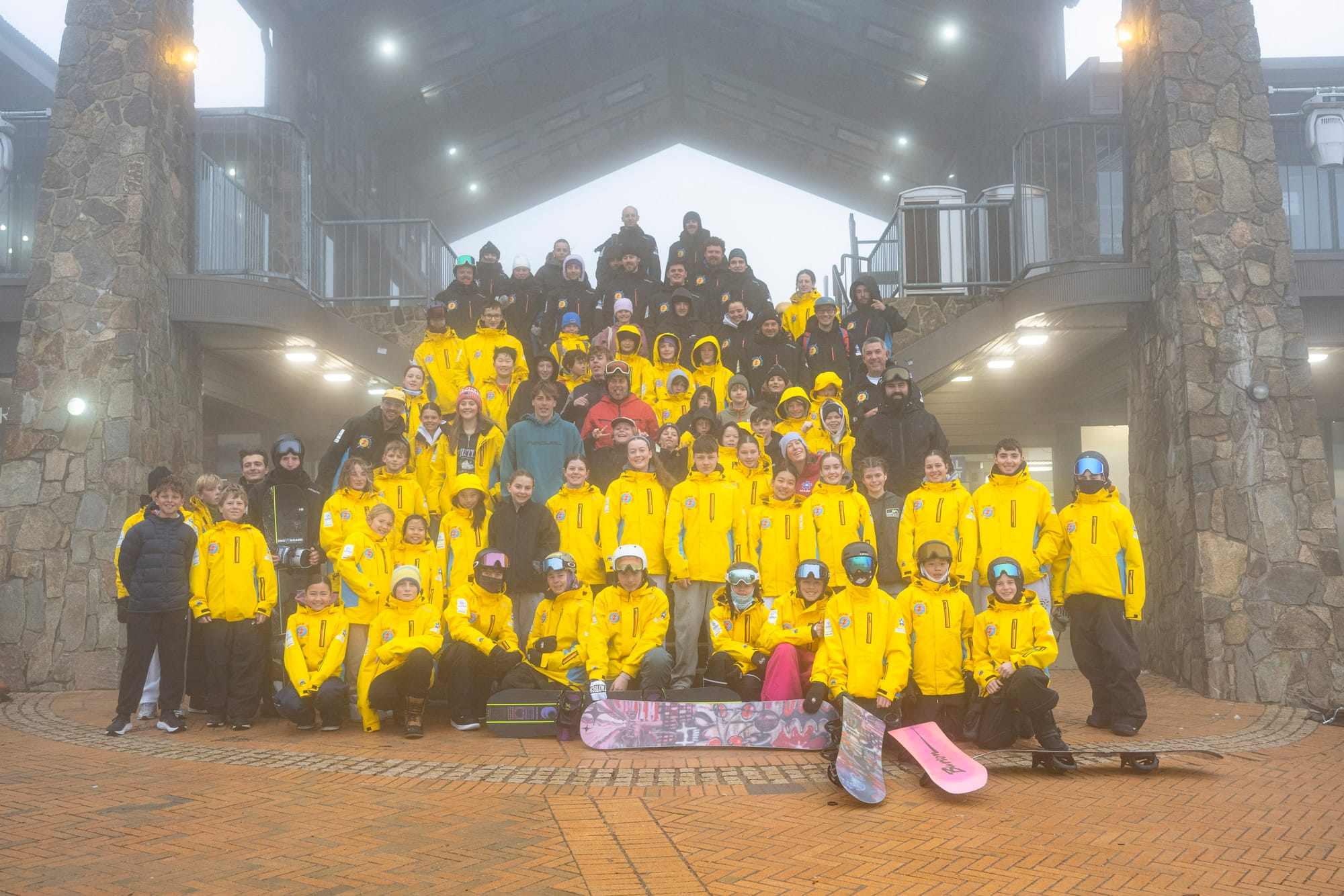 BIG CROWD: The steps of Cattleman’s was full to the brim with snowboarders and skiers about to set of for the annual Shred for Chumpy morning recently. PHOTOS: Tony Harrington Mt Buller.