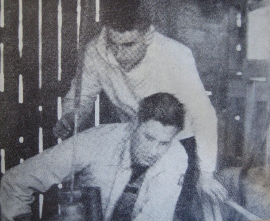PIONEERS: Merrick Summers and George Swinburne starting the Bourke Street Rope Tow Engine for its first operation on its opening day on July 3 1949. PHOTO: Harold Gibbs, McColl Collection, NAMA
