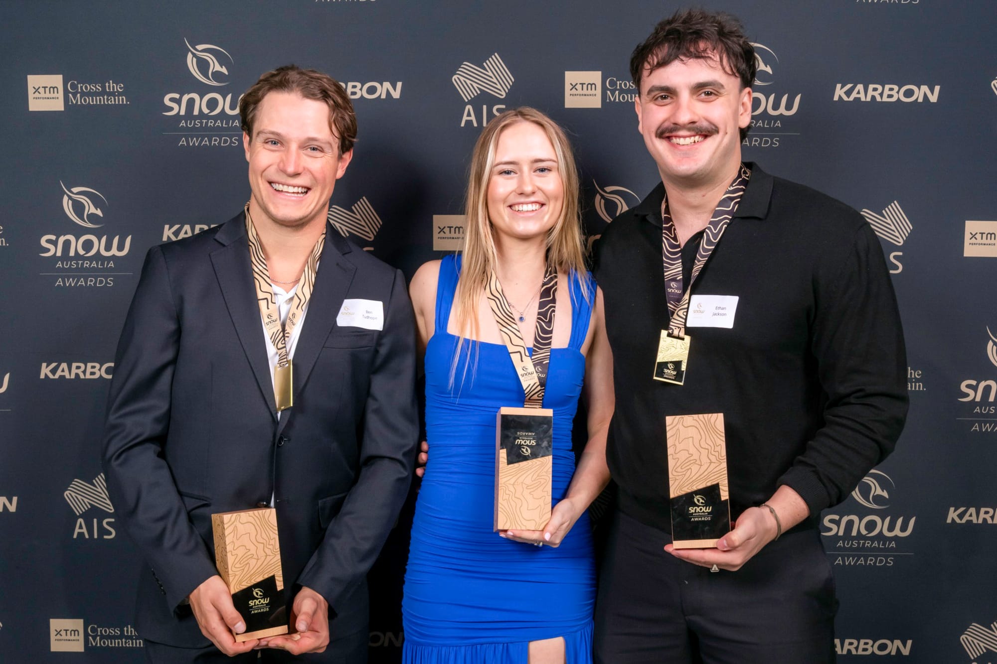 Ben Tudhope, Georgia Gunew and Ethan Jackson at the Snow Australia awards in May 2025. PHOTO: Jay Town