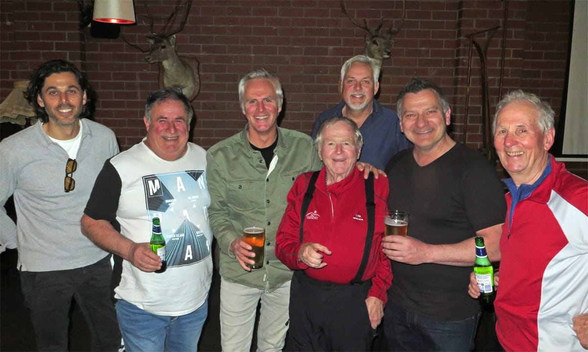 GOOD CHEER:  A catch up with the Mt Buller Chamber of Commerce. Anthony Politano (left), Pat Bono, Rob Aivatoglou, Bernie Weichsel guest of honour, Noel Landry, Sox Philipasidis and  North East Media's Hartley Higgins. PHOTO: Mark Woodsford