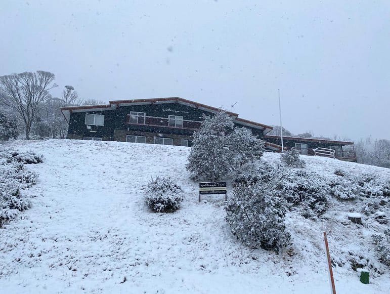 Snow falling at Guthega today. Photo: Guthega Hotel
