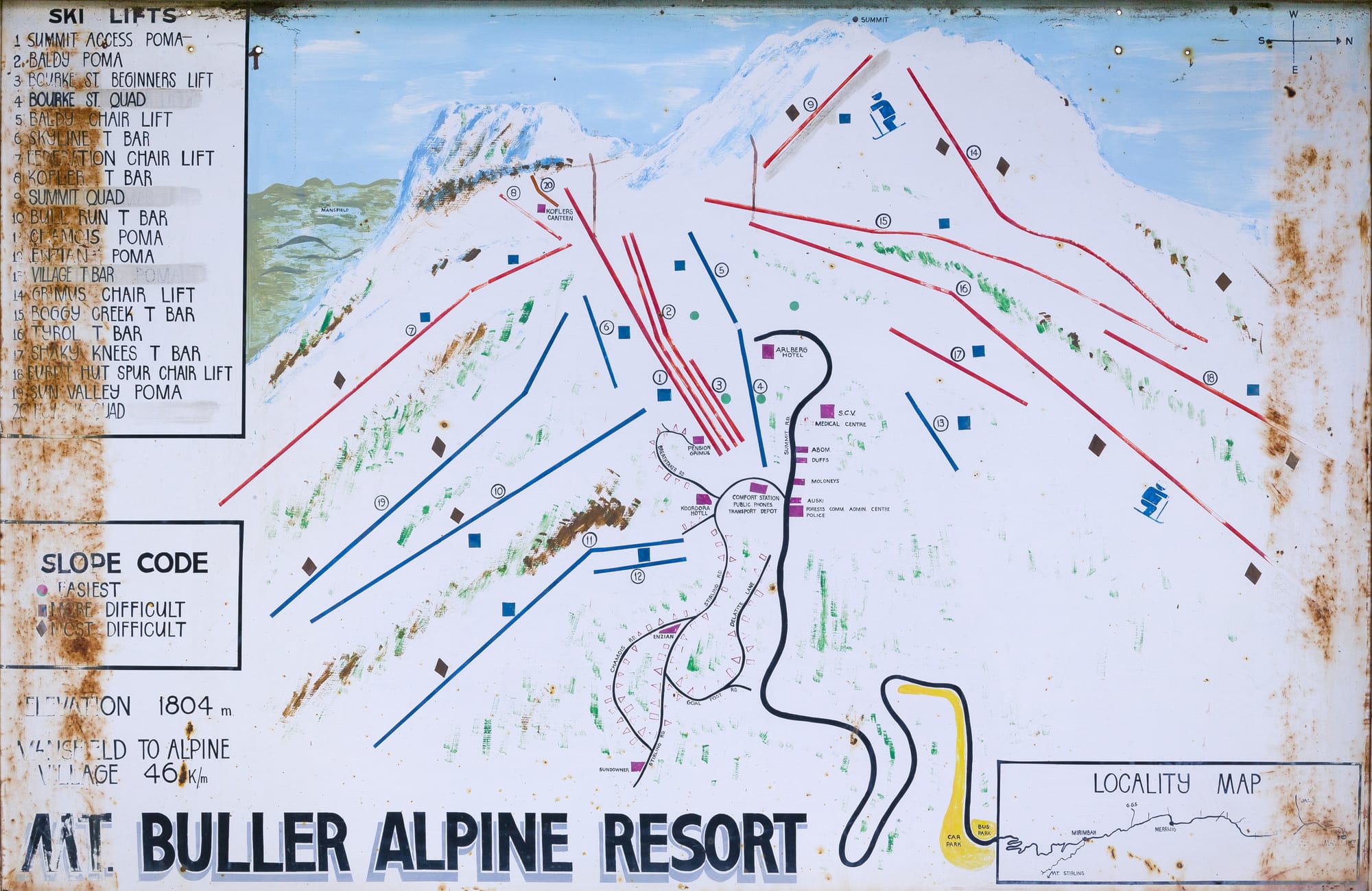 MOUNT BULLER ALPINE RESORT: Mt Buller trail map made 1981 and updated 1982-1984 showing the two lift companies orange and blue. PHOTO: Mark Ashkanasy, NAMA