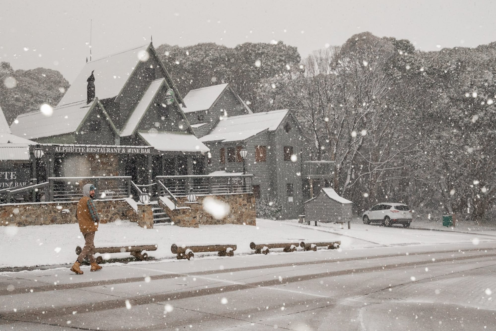A picturesque Dinner Plain under snowfall Monday afternoon. Photo: Dinner Plain.