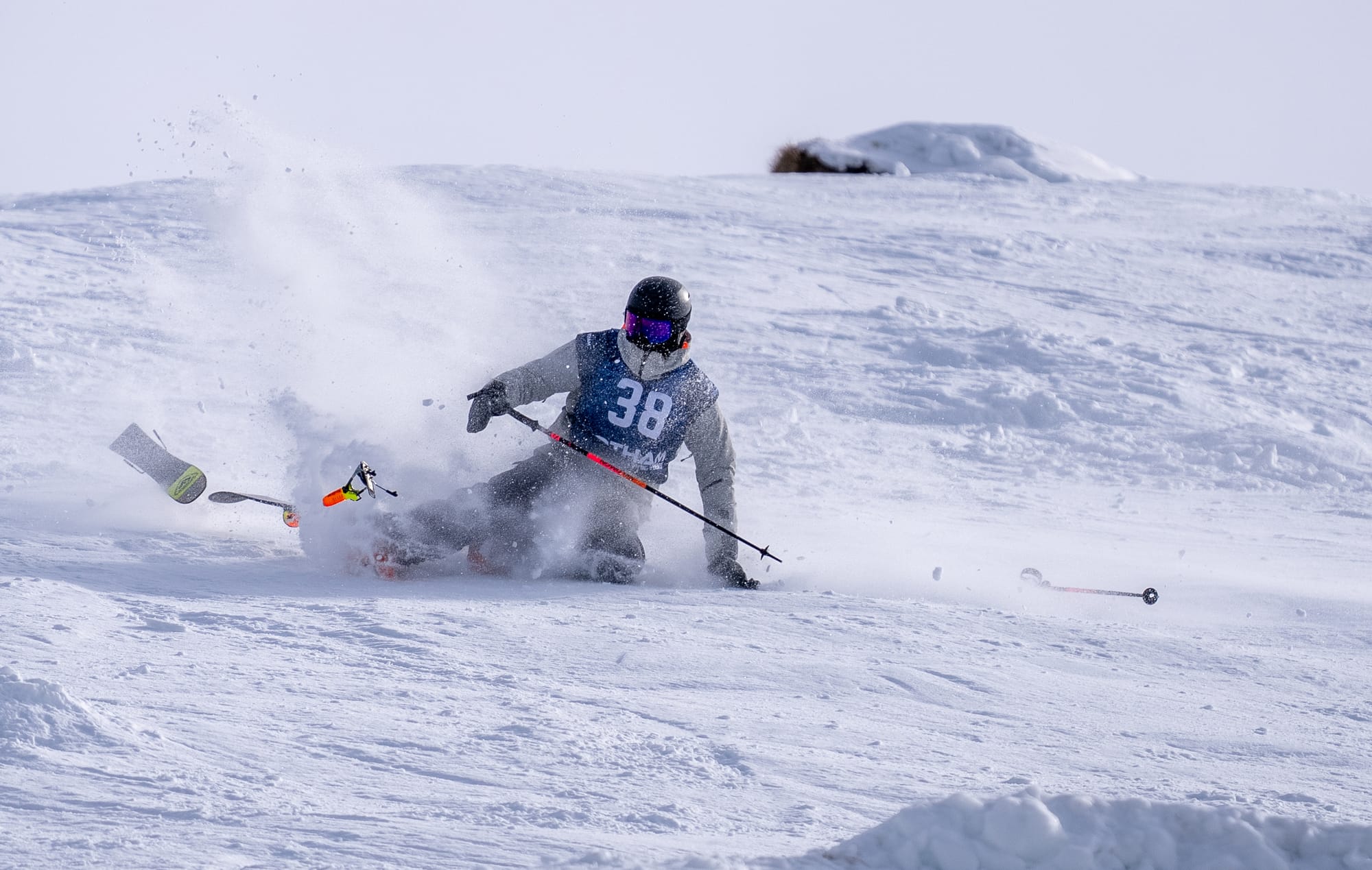 OOPS: Andrew Smith had a binding explosion on the way down. PHOTO: Dylan Robison