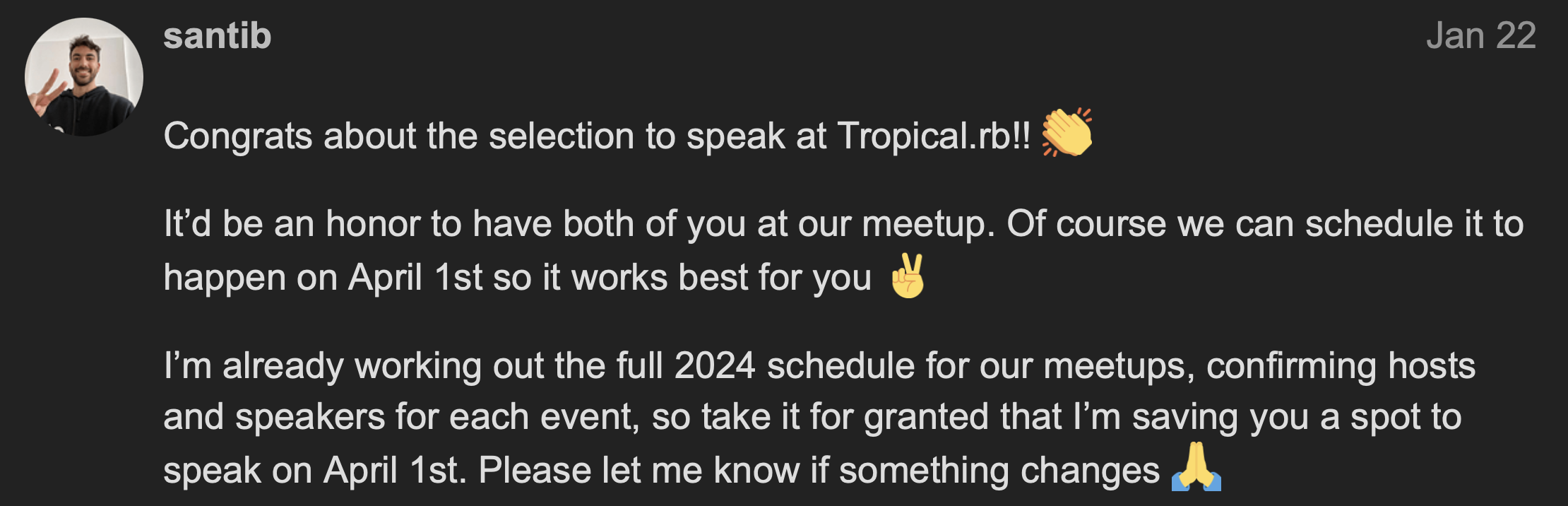 Santiago Bartesaghi's post inviting Fito and I to speak at the Ruby Montevideo Meetup