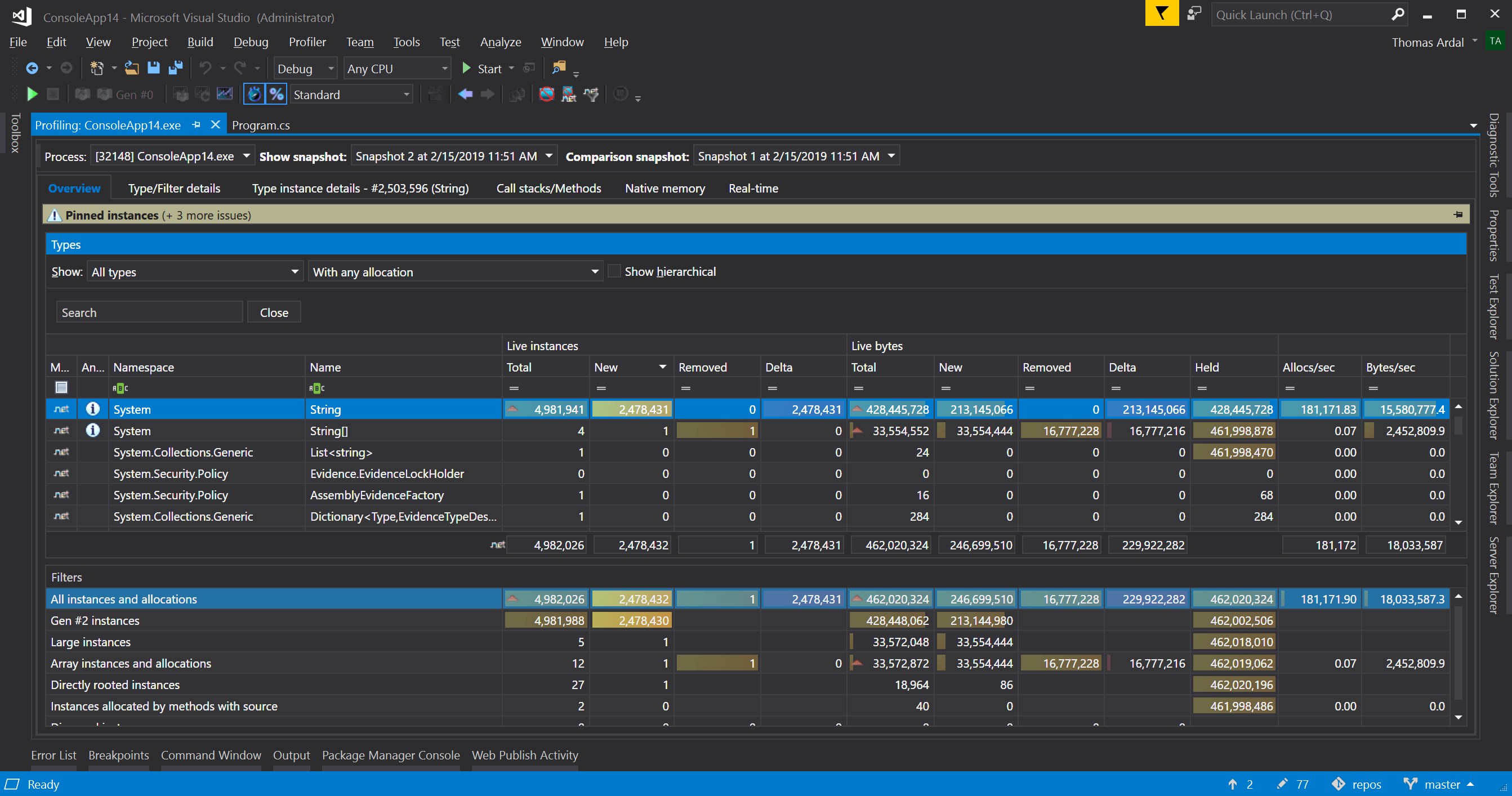 Diff memory usage in Visual Studio