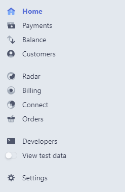 The main menu in the Stripe dashboard