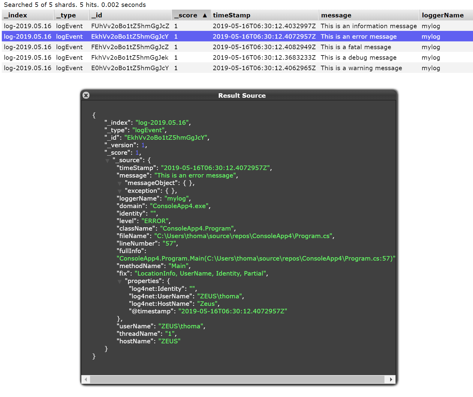 Log message in Elasticsearch