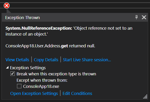 Exception Thrown Window