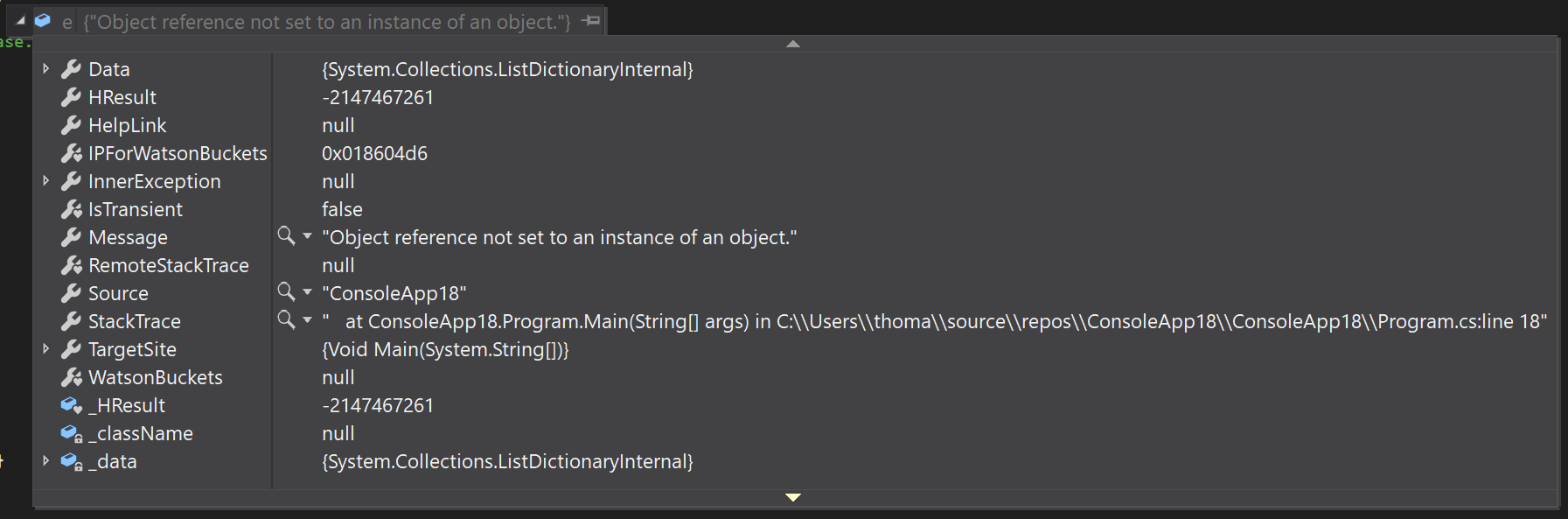 NullReferenceException in Visual Studio 2