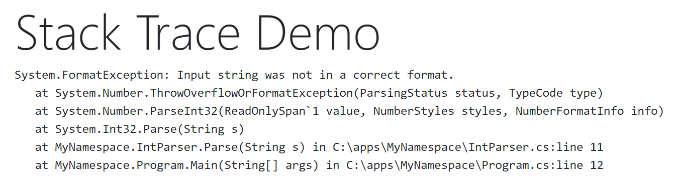 Formatted stack trace