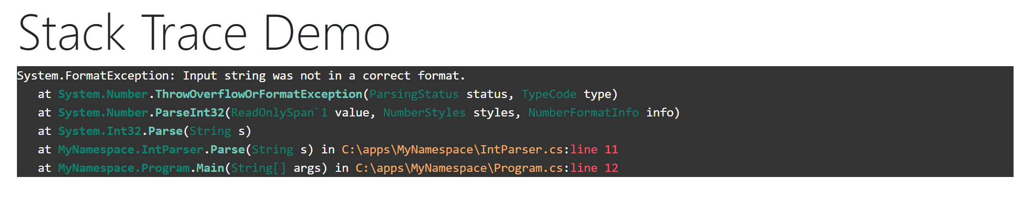 Formatted and highlighted stack trace