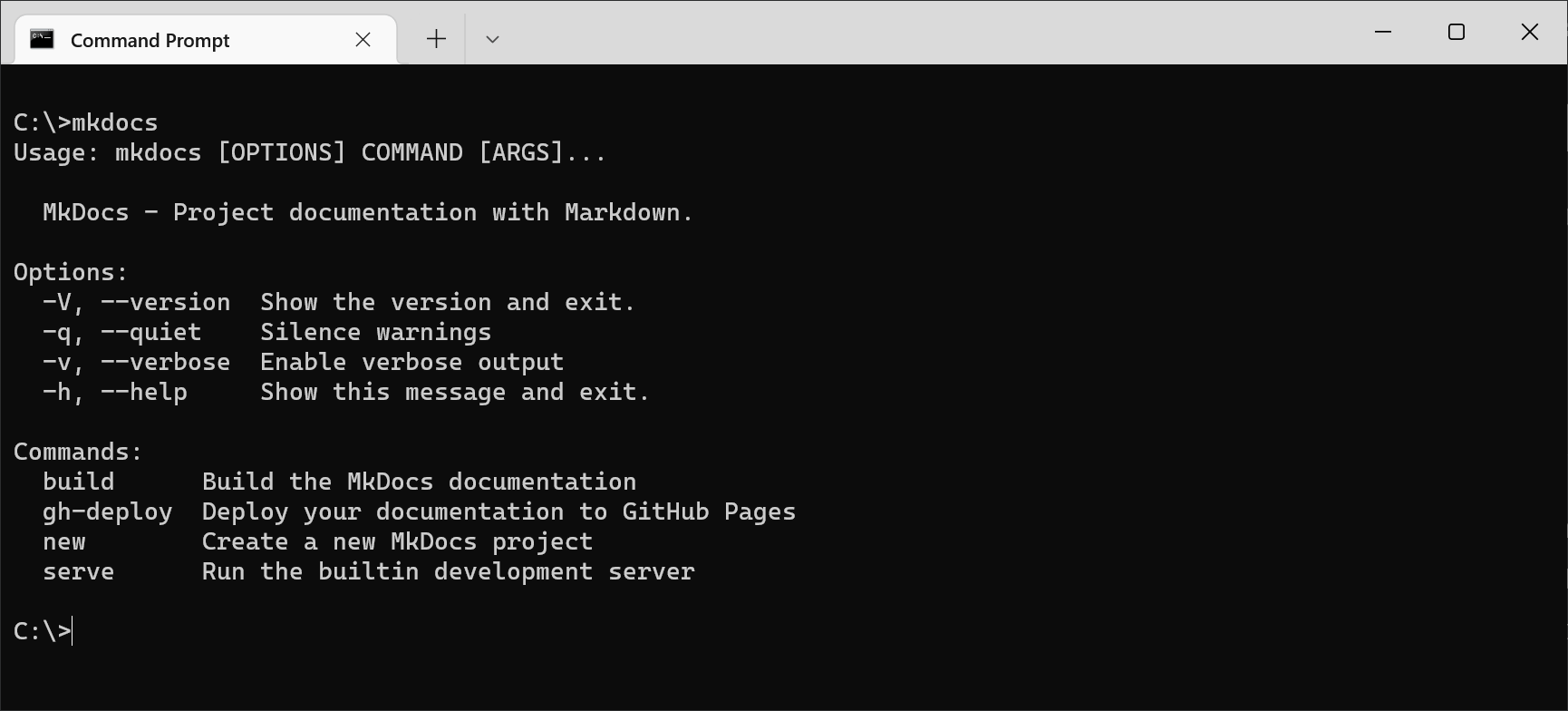 Running the mkdocs command