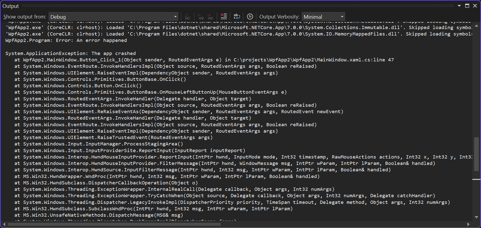 Exception logged in Output window