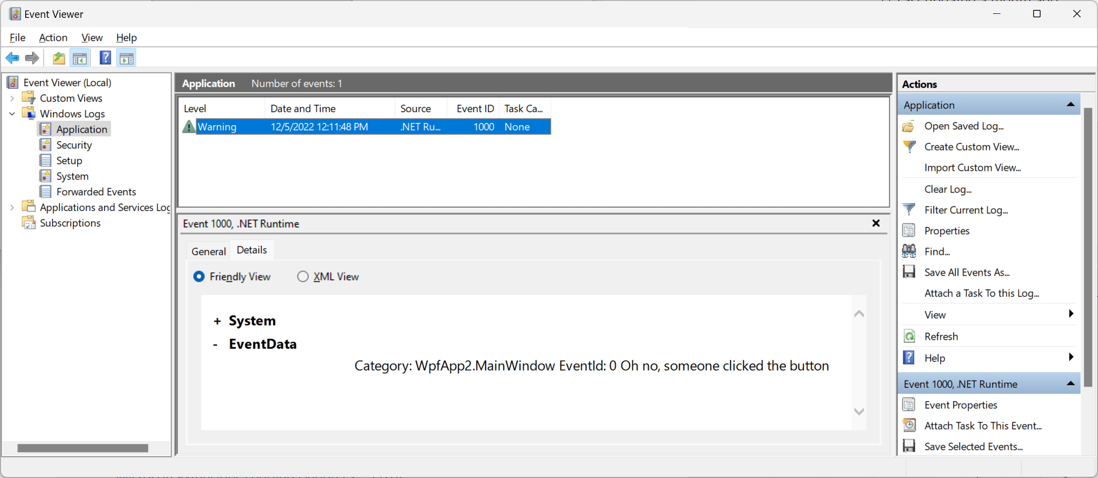 Log message in Event Viewer