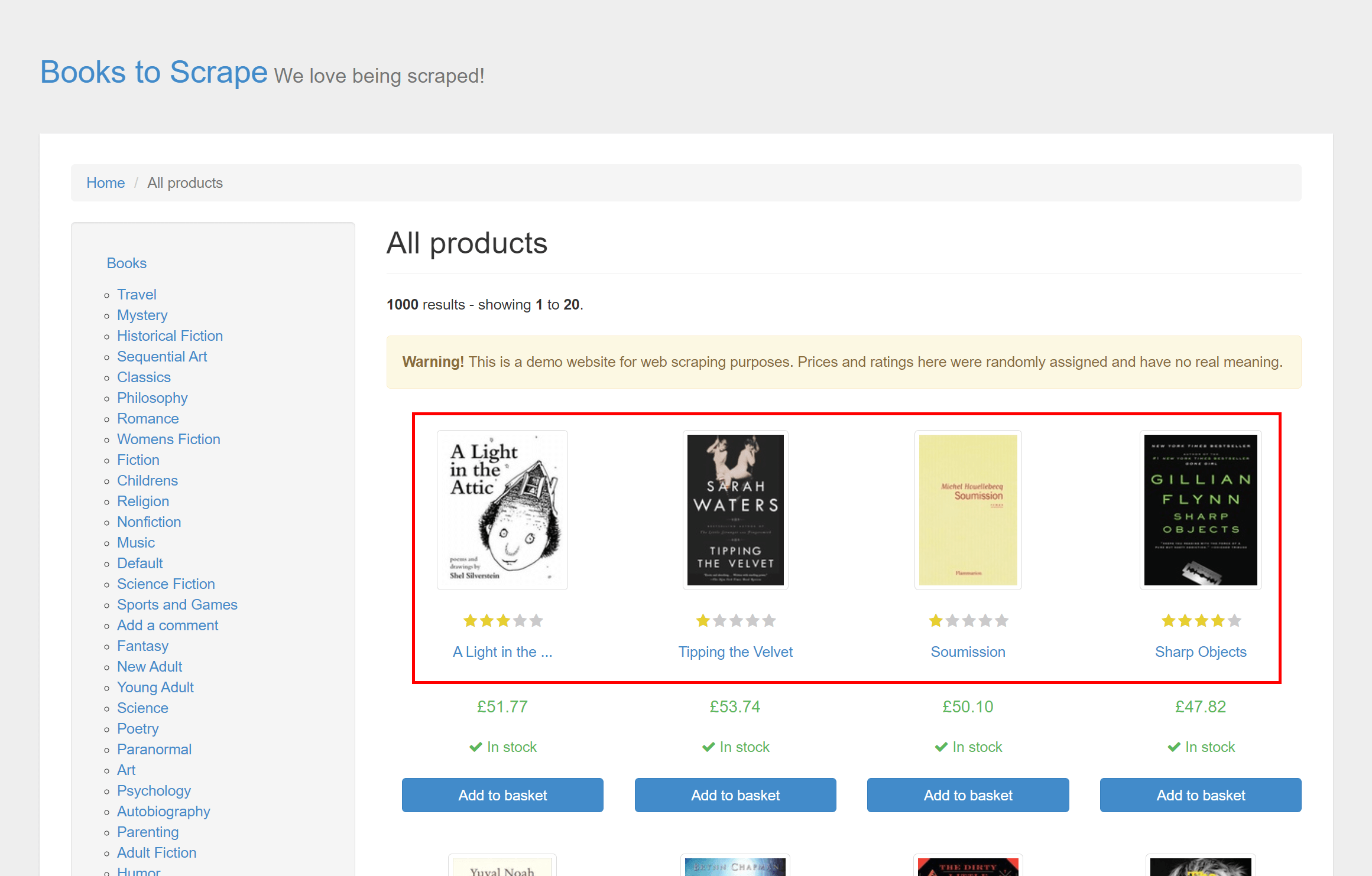 Books to Scrape frontpage