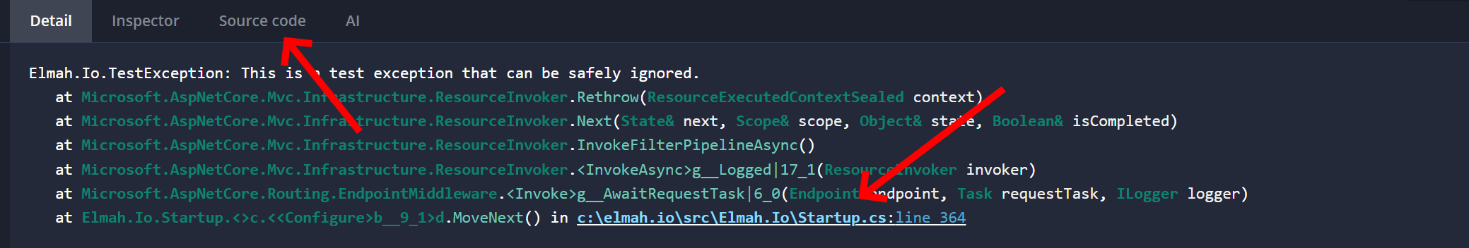 A stack trace with embedded source code