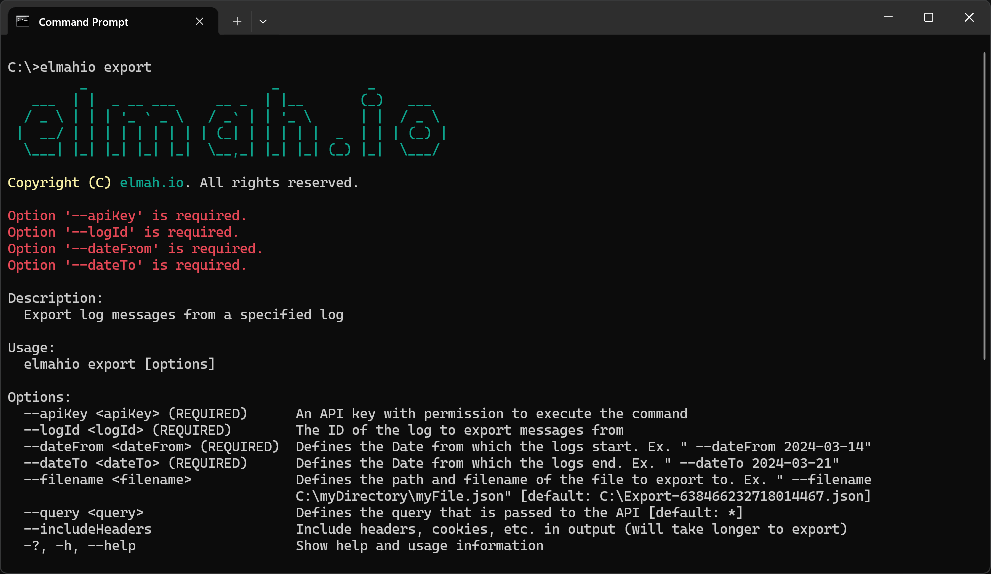 elmahio export command