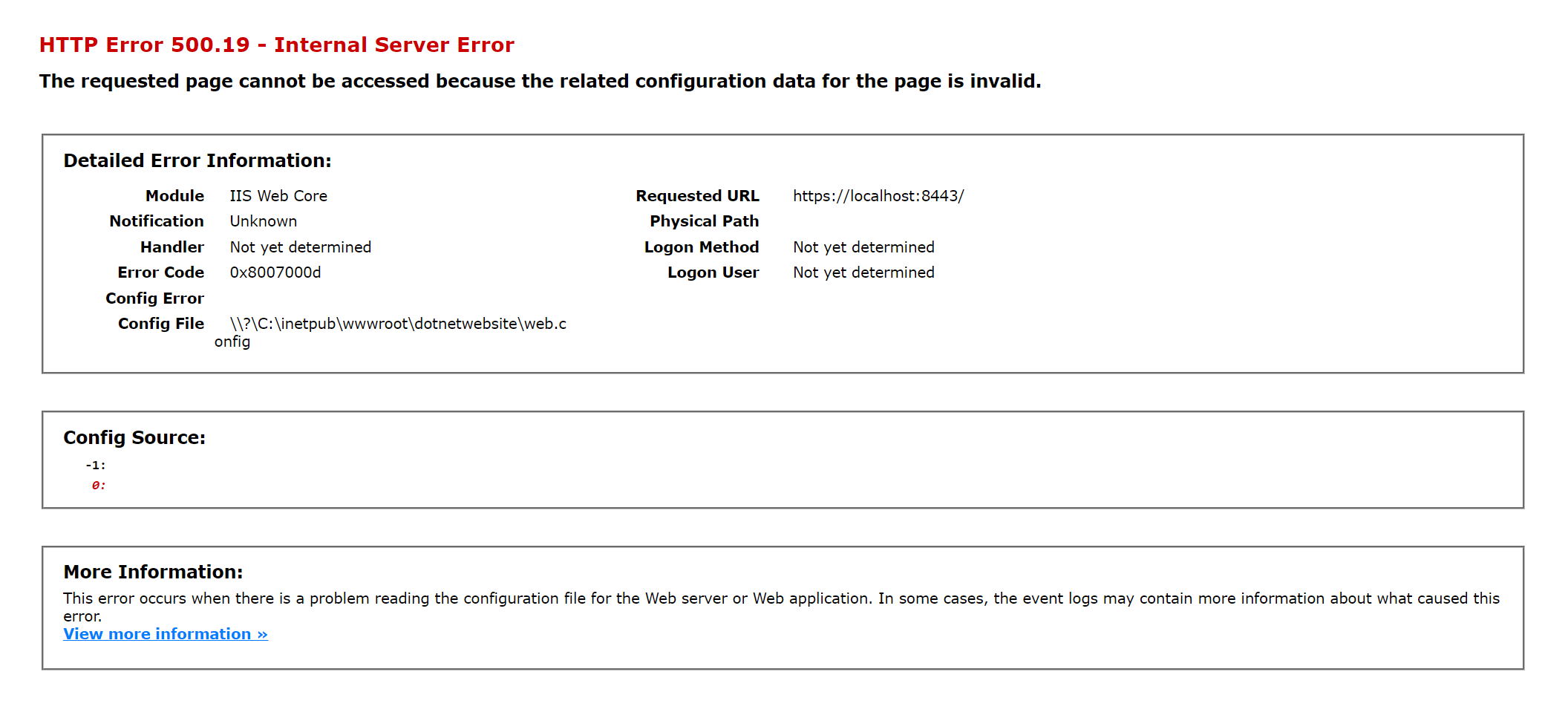 HTTP Error 500.19 - Internal Server Error