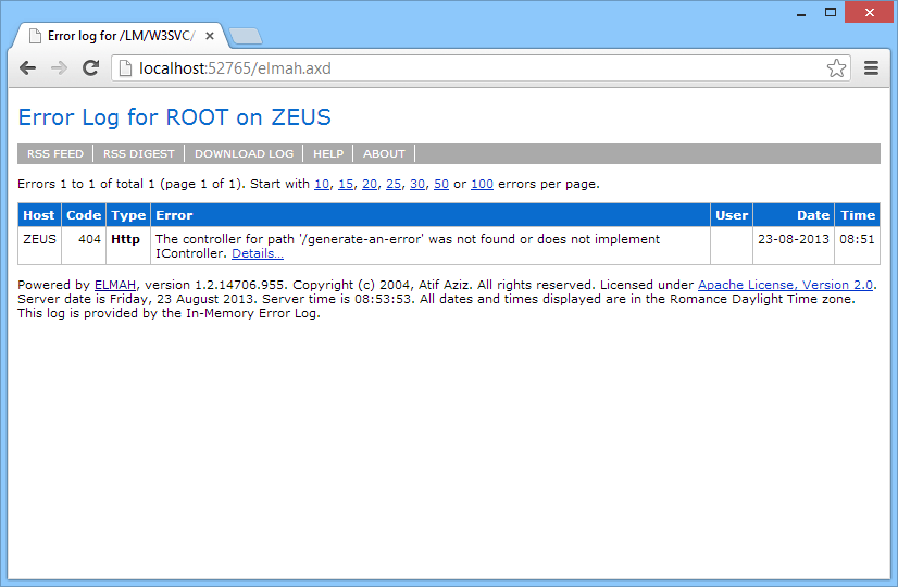 Elmah page with error