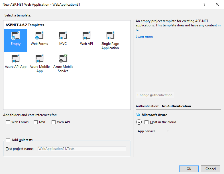 Create an empty ASP.NET project