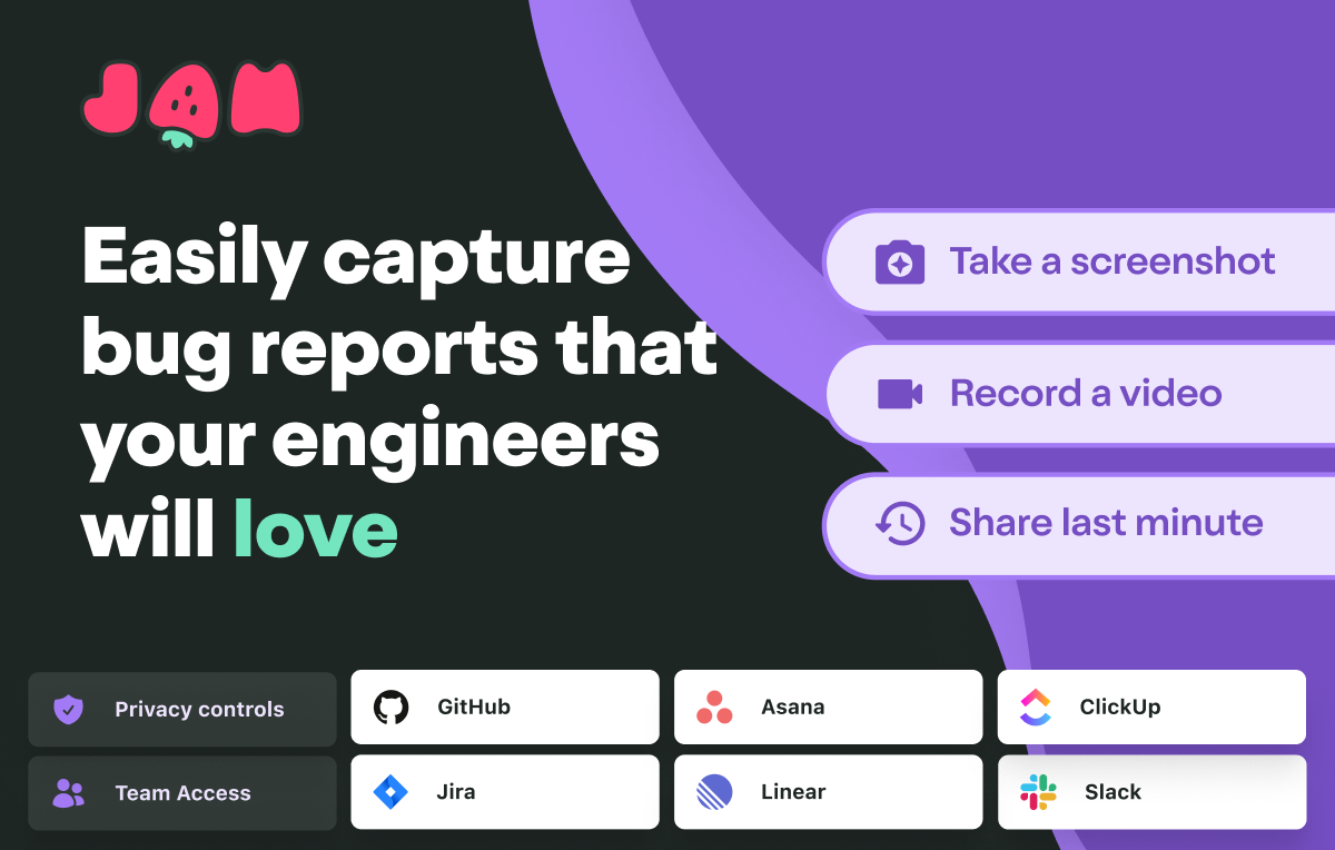 Jam browser extension for bug reporting integrates with Slack, GitHub, GitLab, Jira, Asana, Linear, Notion, and more.